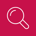 A simple white magnifying glass icon on a solid red background, symbolizing search or inquiry.