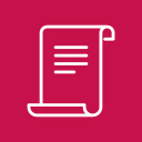 Icon of a rolled parchment or document with lines representing text, set against a solid red background. The illustration suggests themes of writing, documentation, or legal matters.