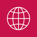 A simple white outline of a globe is centered on a solid red background, symbolizing global connectivity or international themes.