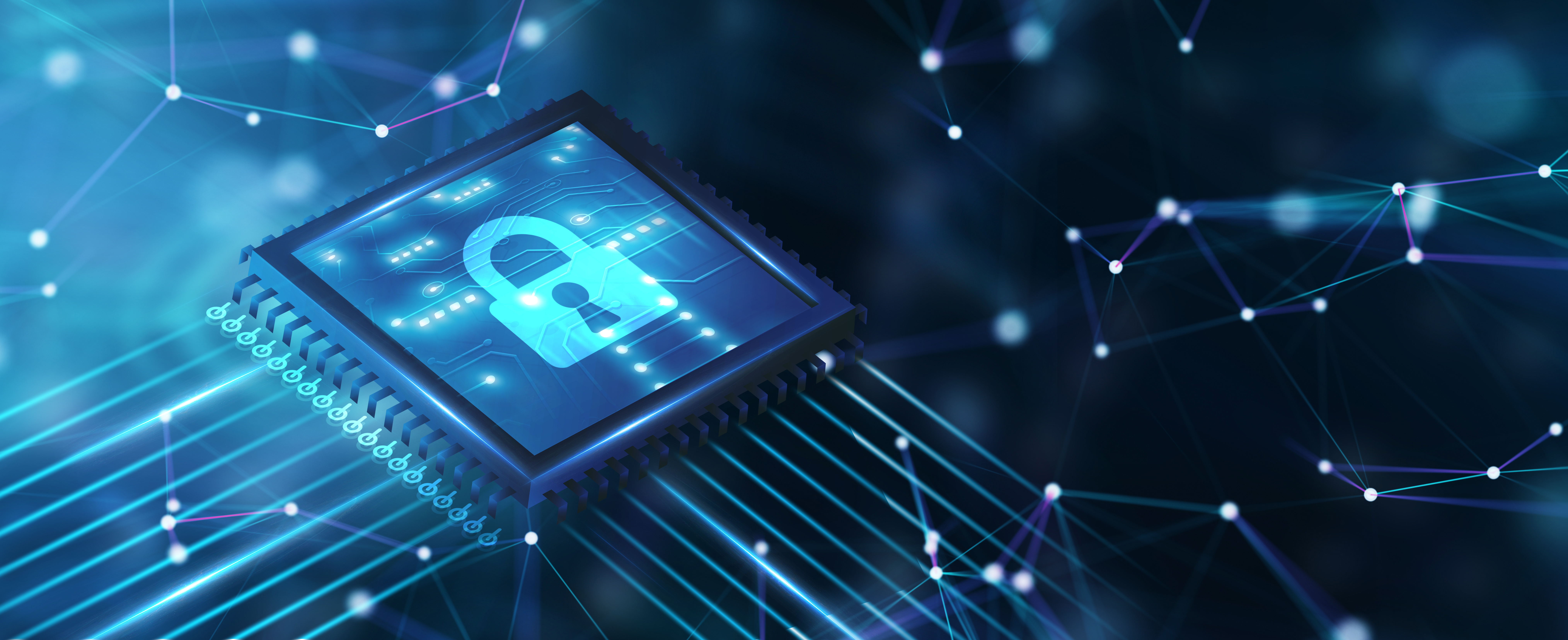 Ein Computerchip mit einem blauen Schloss-Symbol darauf, das Sicherheit und Datenschutz darstellt. Im Hintergrund sind Netzwerkverbindungen sichtbar, die ein technologisches Umfeld mit Fokus auf digitale Sicherheit vermitteln.