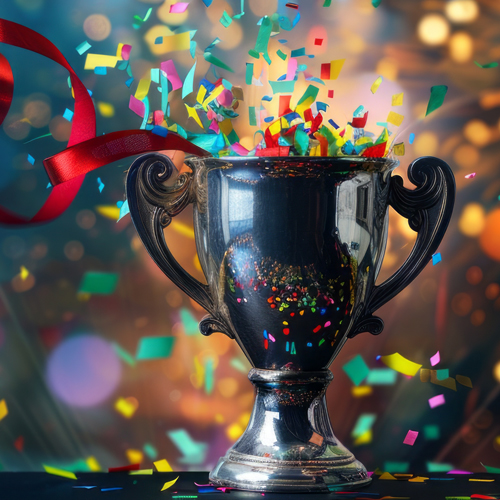 A shiny silver trophy overflows with colorful confetti and ribbons. The background features a festive blur of lights, suggesting a celebration or achievement.