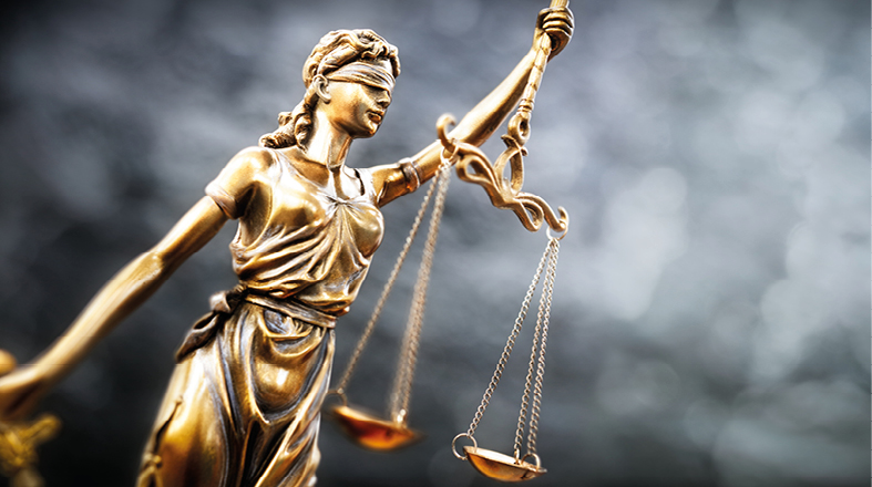 A bronze statue of Lady Justice, blindfolded and holding a balanced scale in each hand, symbolizes impartiality and fairness in the legal system. The background is softly blurred, emphasizing the statue's detailed features and the significance of justice.