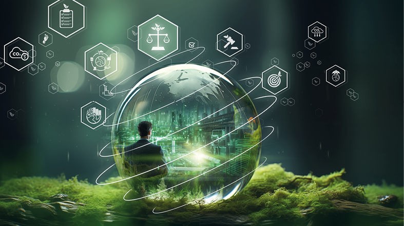 Eine Person steht hinter einer transparenten Glaskugel, die eine futuristische Stadt zeigt. Umgeben von symbolischen Icons, die Themen wie Umwelt, Gerechtigkeit und Technologie darstellen. Die Szene vermittelt ein Gefühl von Nachhaltigkeit und Innovation.