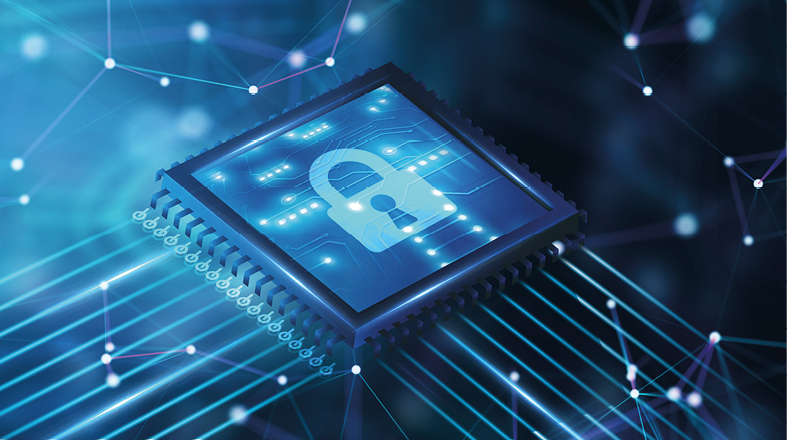 Ein Mikrochip in blauer Farbe, auf dem ein Schloss-Symbol abgebildet ist, steht im Mittelpunkt. Elektronische Verbindungen und Linien verlaufen von dem Chip aus und symbolisieren Datensicherheit und Technologie.