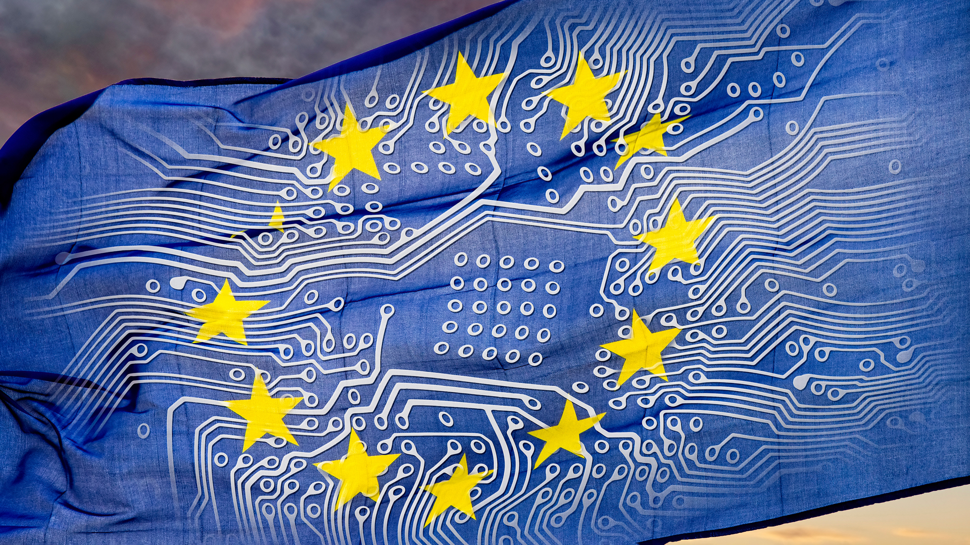 Die Abbildung zeigt eine europäische Flagge, die mit einem digitalen Schaltkreis-Muster gestaltet ist. Auf dem blauen Hintergrund sind gelbe Sterne angeordnet, die für die Mitgliedsstaaten der Europäischen Union stehen.