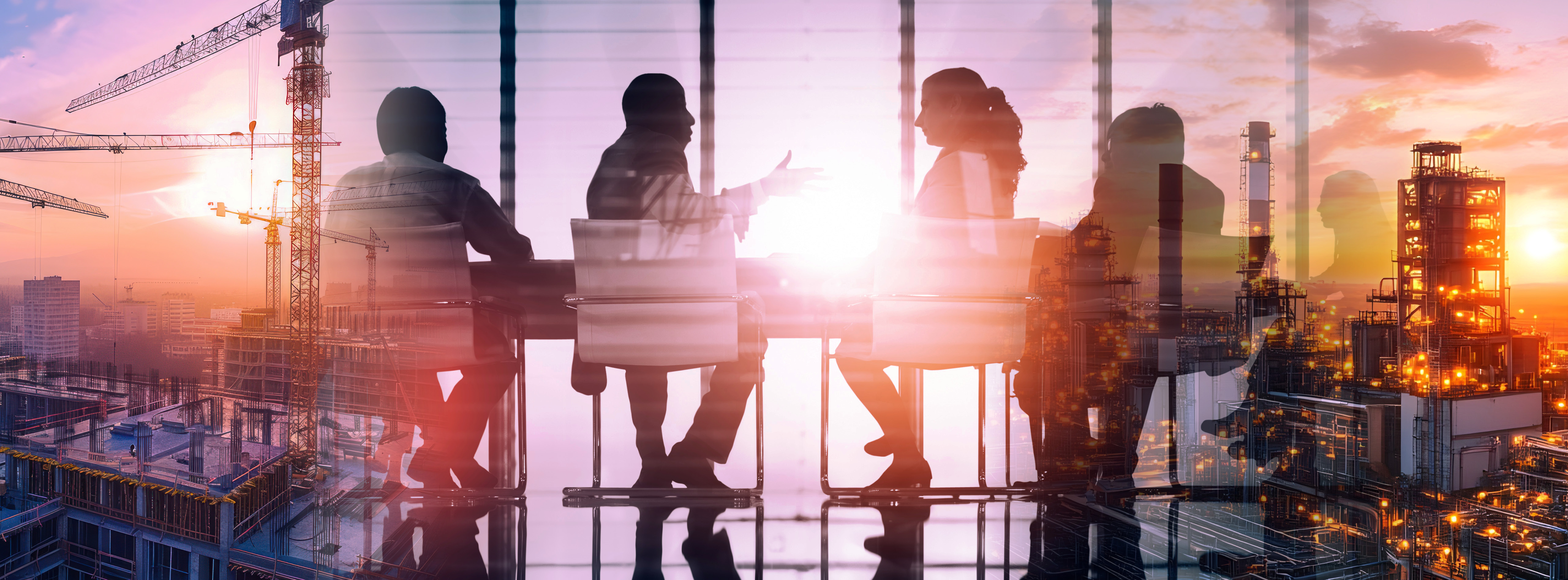 Silhouetten von fünf Personen in einem Konferenzraum, die intensives Gespräch führen. Im Hintergrund sind Baustellenkräne und die untergehende Sonne zu sehen, die eine dynamische städtische Umgebung schaffen. Der Fokus liegt auf der Interaktion und dem Austausch von Ideen.