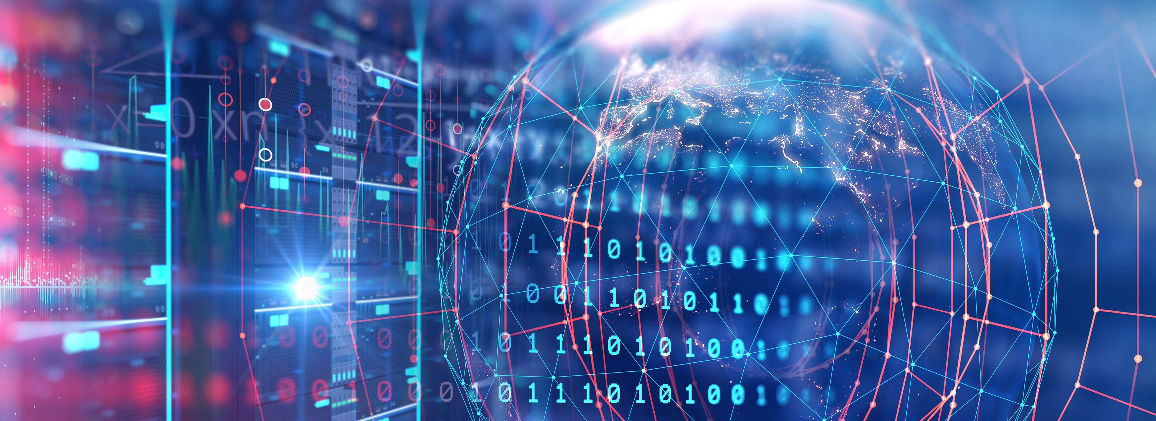 Abstract digital representation showcasing a globe interconnected with network lines and binary code. The background features a futuristic data server environment, emphasizing themes of technology, data exchange, and global connectivity.