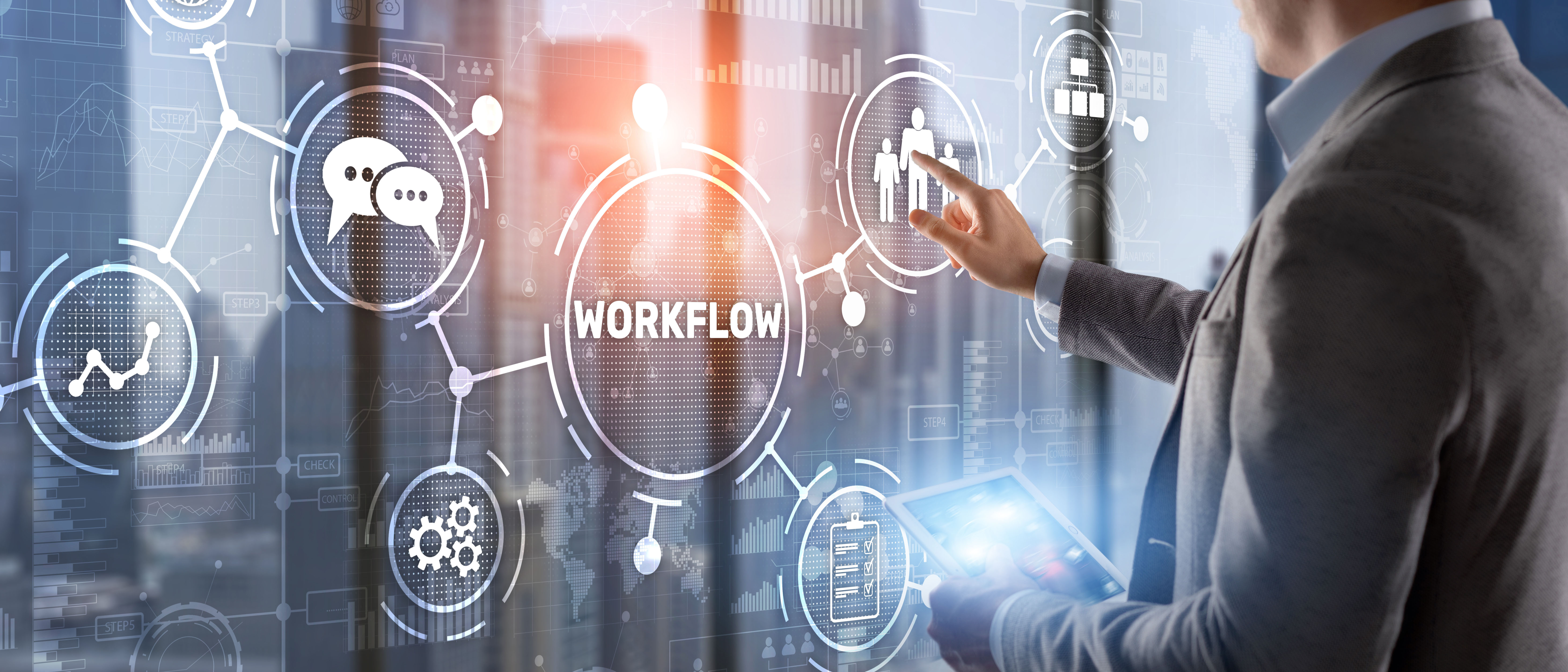 A person in a suit interacts with a digital interface displaying the word "WORKFLOW" at the center. Surrounding it are various icons representing data analysis, communication, and organizational charts, illustrating modern business processes and strategies. The setting features a glass backdrop with a blurred cityscape.