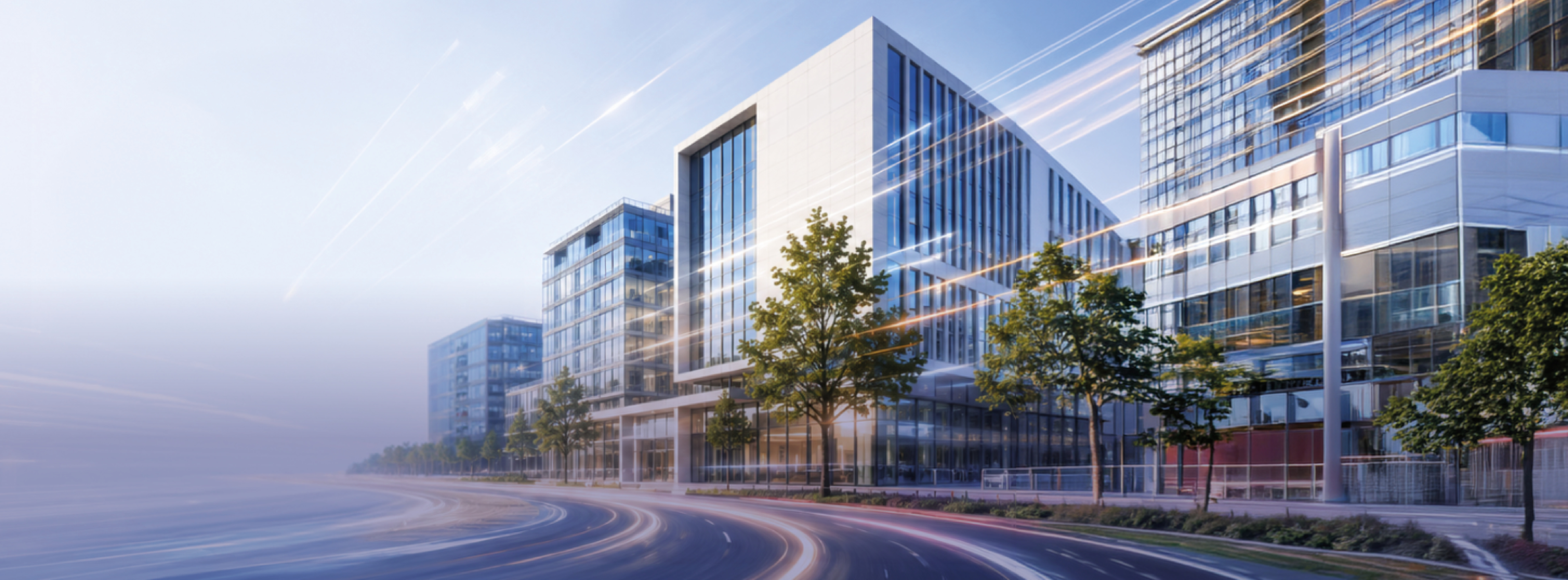 Moderne Gebäude mit großen Fenstern und Grünflächen am Straßenrand, umgeben von klaren Linien und bewegten Lichteffekten. Die Szene strahlt Dynamik und Urbanität aus, mit einem geschäftigen Gefühl des Stadtlebens.