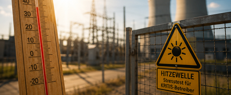 Ein Thermometer zeigt hohe Temperaturen an, während im Hintergrund ein elektrisches Umspannwerk zu sehen ist. Ein Warnschild weist auf eine Hitzewelle hin, die einen Stress-Test für Betreiber kritischer Infrastrukturen signalisiert. Die Szene ist von Sonnenlicht beleuchtet.