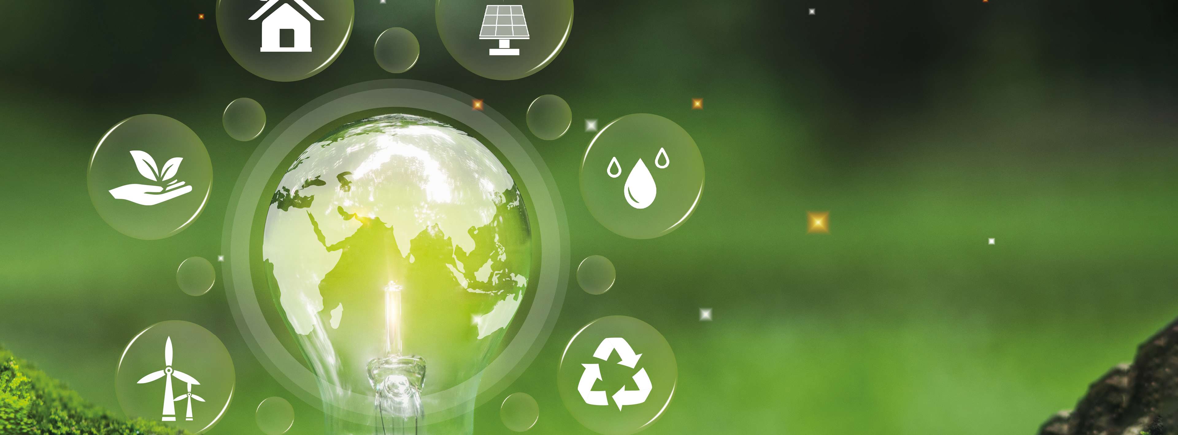 A glowing lightbulb sits amidst a green globe, surrounded by icons representing renewable energy and sustainability, including a house, solar panels, a wind turbine, a water droplet, a plant in hands, and a recycling symbol, emphasizing environmental care and energy conservation.