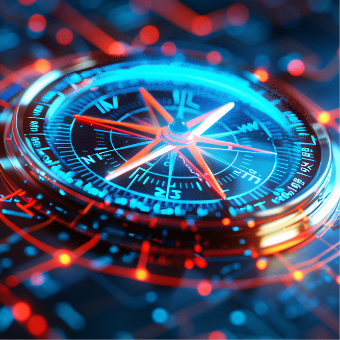 A glowing compass rests on a digital backdrop, with vibrant blue and red lines representing circuits. The compass features cardinal directions, emphasizing navigation and guidance through a modern technological landscape.
