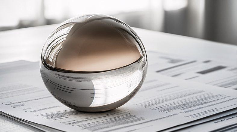 A smooth, reflective glass sphere sits on top of scattered documents. The sphere has a gradient tint, blending shades of gray and brown, capturing light and reflections of surrounding elements. The arrangement suggests a focus on creativity or decision-making in an office or workspace setting.