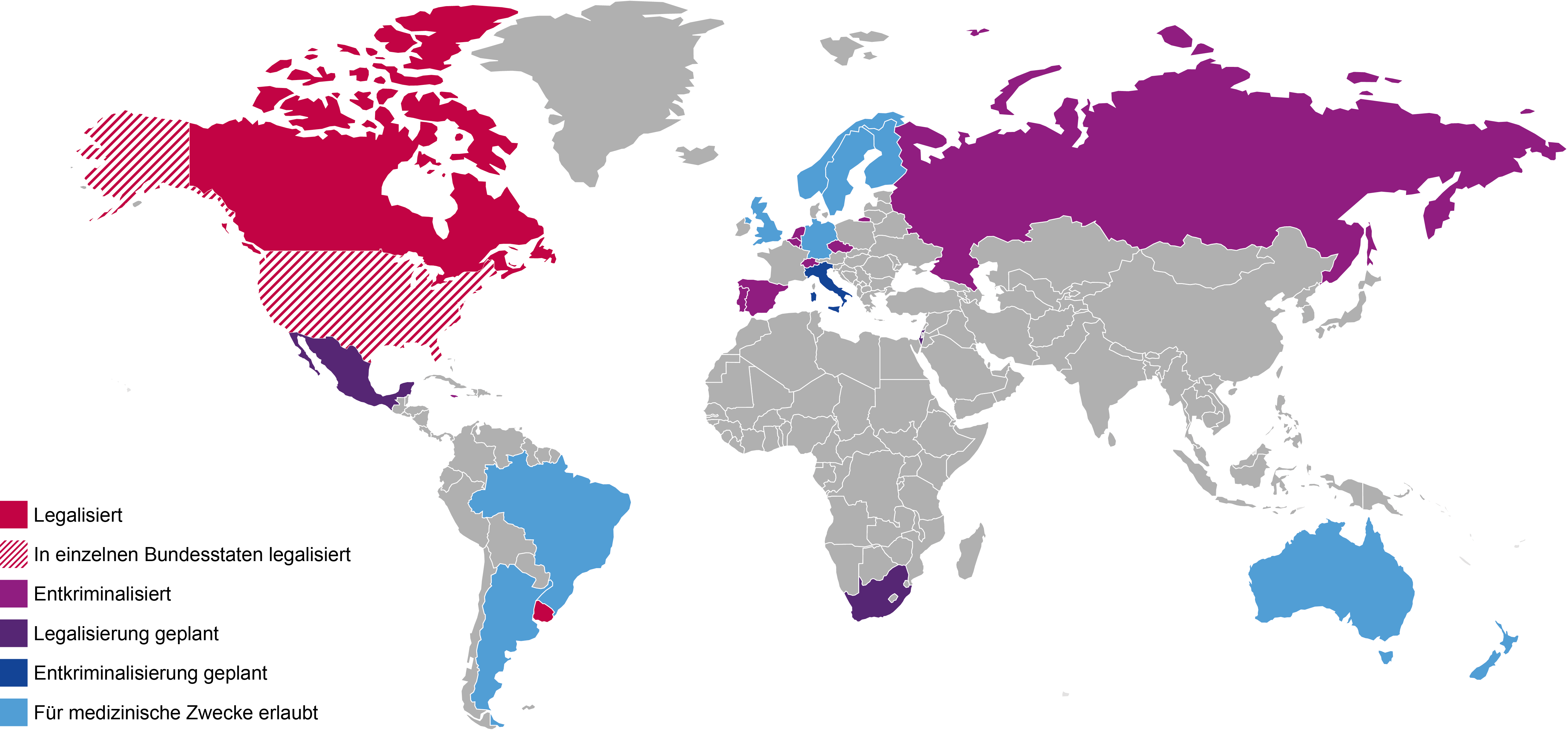 Die Karte zeigt verschiedene Länder und Regionen, die in unterschiedlichen Farben gekennzeichnet sind. Diese Farben repräsentieren unterschiedliche geografische oder politische Merkmale. Graue Länder stellen unmarkierte Bereiche dar, während farbige Bereiche spezifische Kategorien darstellen.