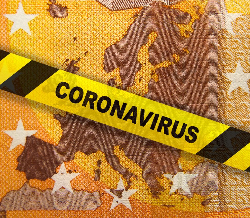 An orange and brown background depicting a map of Europe is overlapped by a yellow caution tape labeled "CORONAVIRUS." The image symbolizes the impact of the pandemic on Europe, suggesting danger or awareness related to COVID-19.