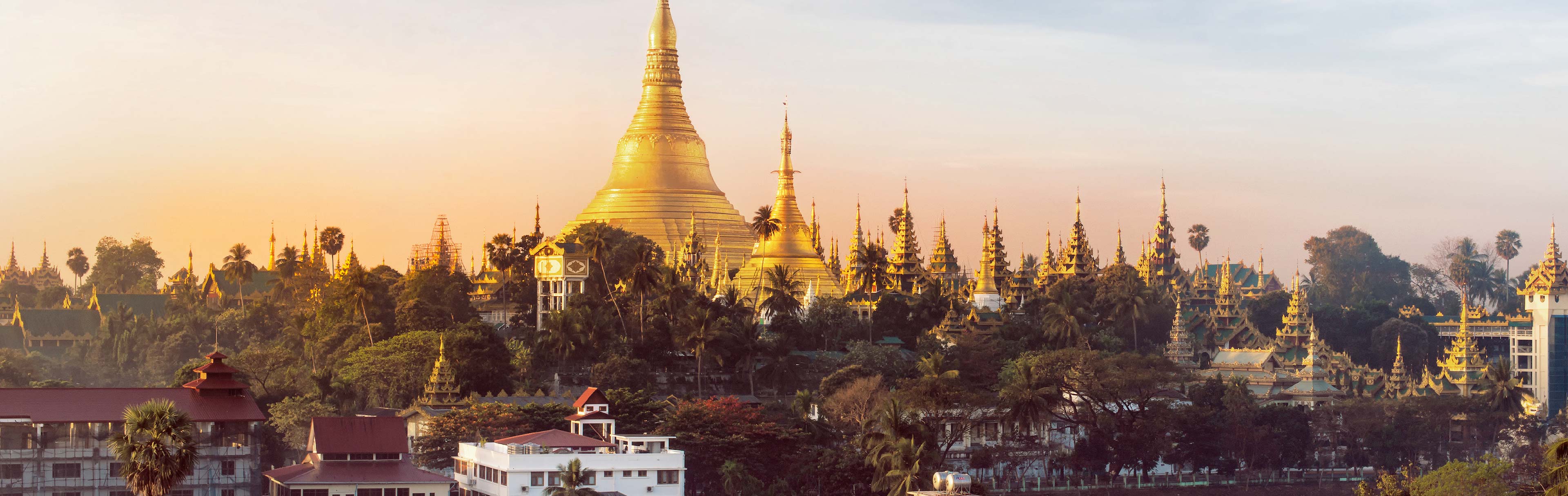 A panoramic view of a golden pagoda surrounded by lush trees and numerous ornate spires at sunset. The warm light highlights the architectural details of the structures, creating a serene and majestic atmosphere in the landscape.